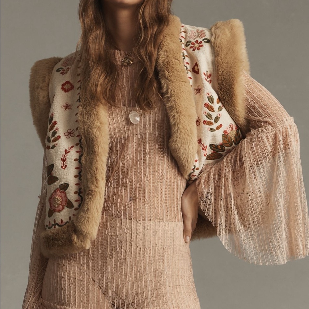 Anthropologie Floral Embroidered Faux Fur Vest in Cream and Tan